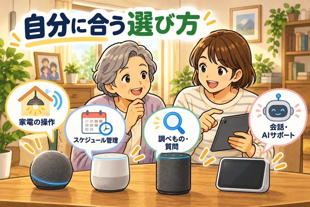 音声スピーカーや画面付き端末を前に、使い方を相談する高齢の女性と家族のイラスト。