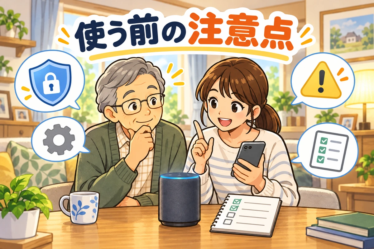 音声アシスタントを使う前に、安全や設定を確認する高齢の男性と支援者のイラスト。