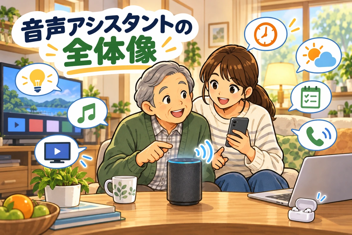 高齢の女性と家族が、スマートスピーカーやスマートフォンなどを使うイラスト。