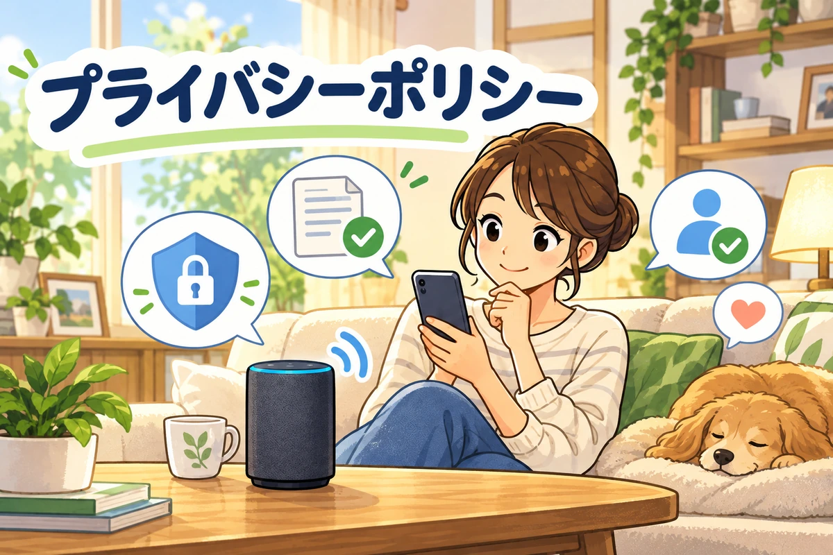 スマートフォンとプライバシー設定を確認する女性のイラスト。