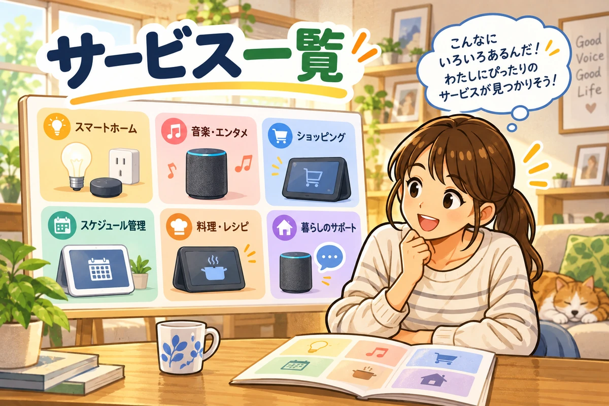 音声アシスタントのサービス一覧を見ながら考える女性のイラスト。