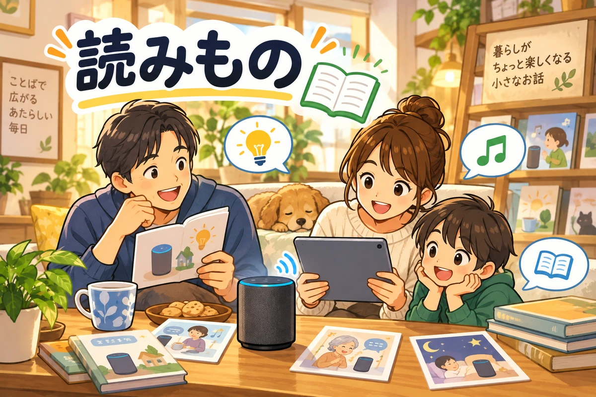 音声アシスタントの読みものを、女性と子どもが一緒に読むイラスト。