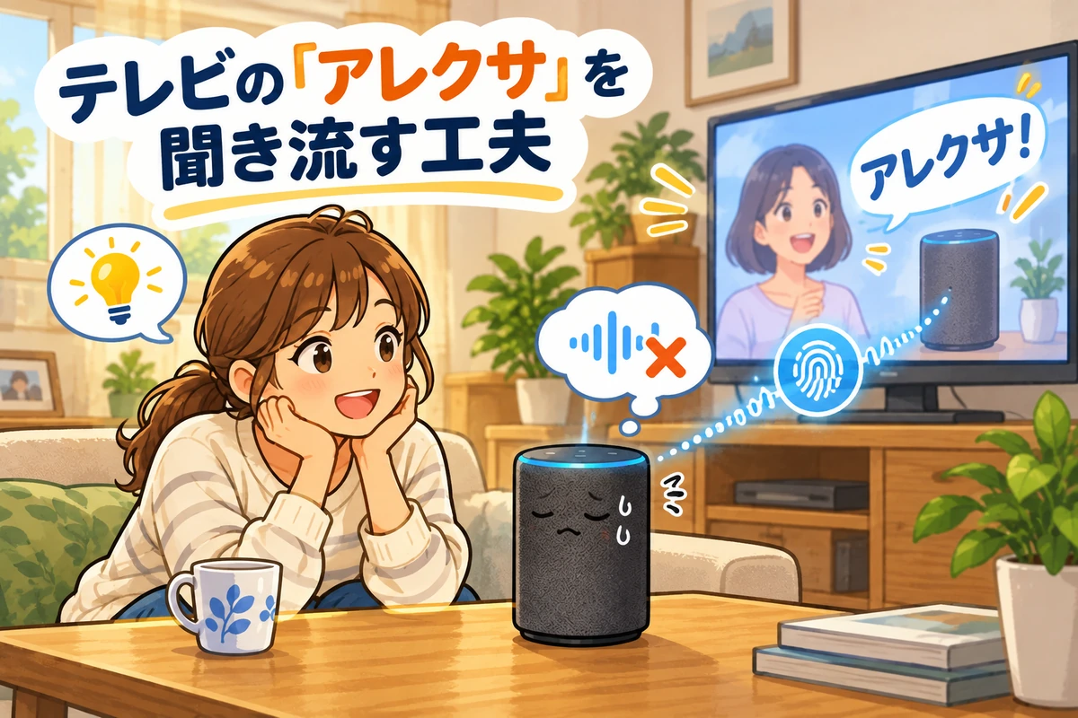テレビの呼びかけをスピーカーが聞き流す工夫を説明するイラスト。