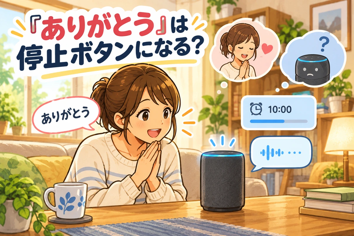 スピーカーへ「ありがとう」と声をかけ、通知の停止について考える女性のイラスト。