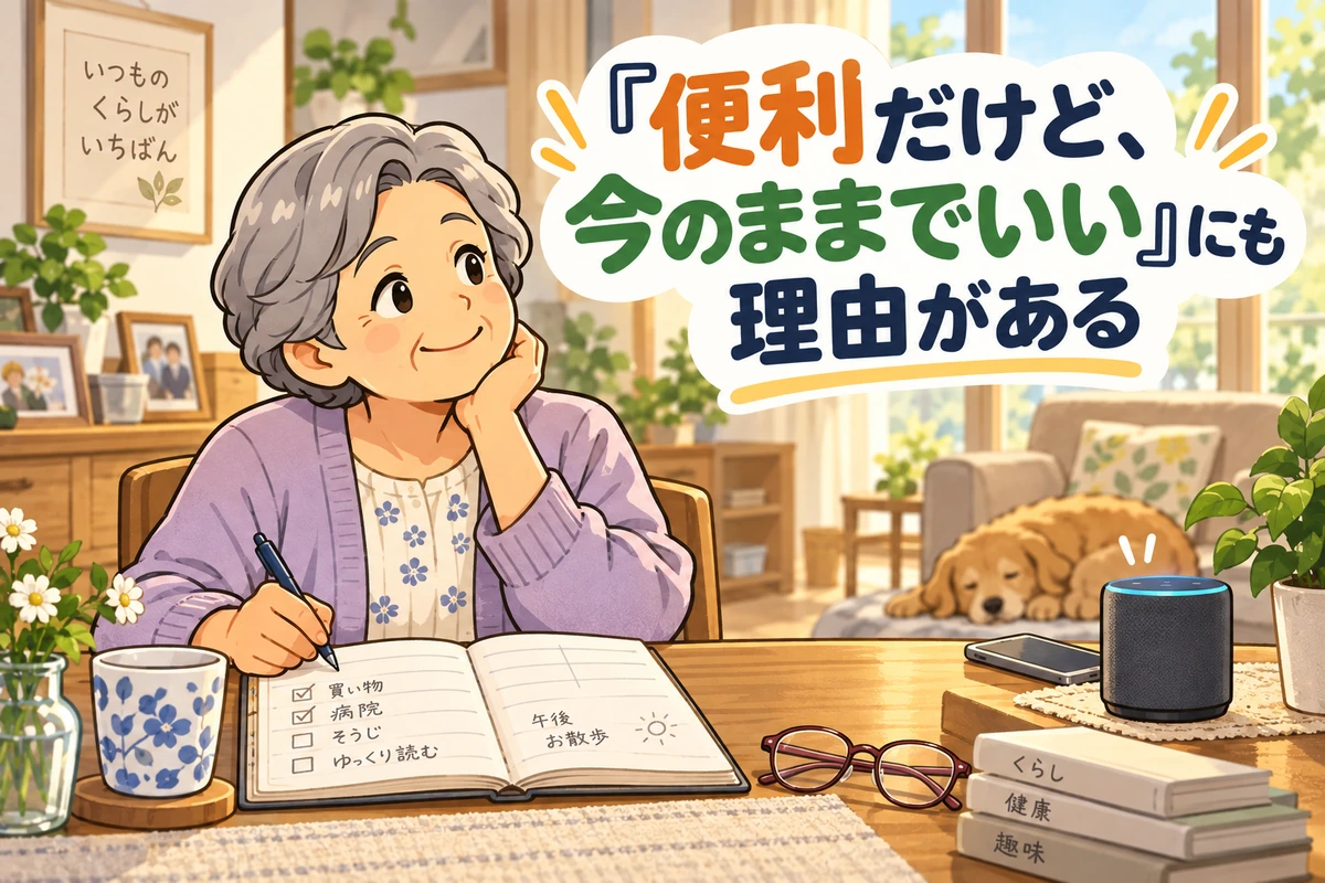 手帳とスマートスピーカーを前に、自分に合う使い方を考える女性のイラスト。