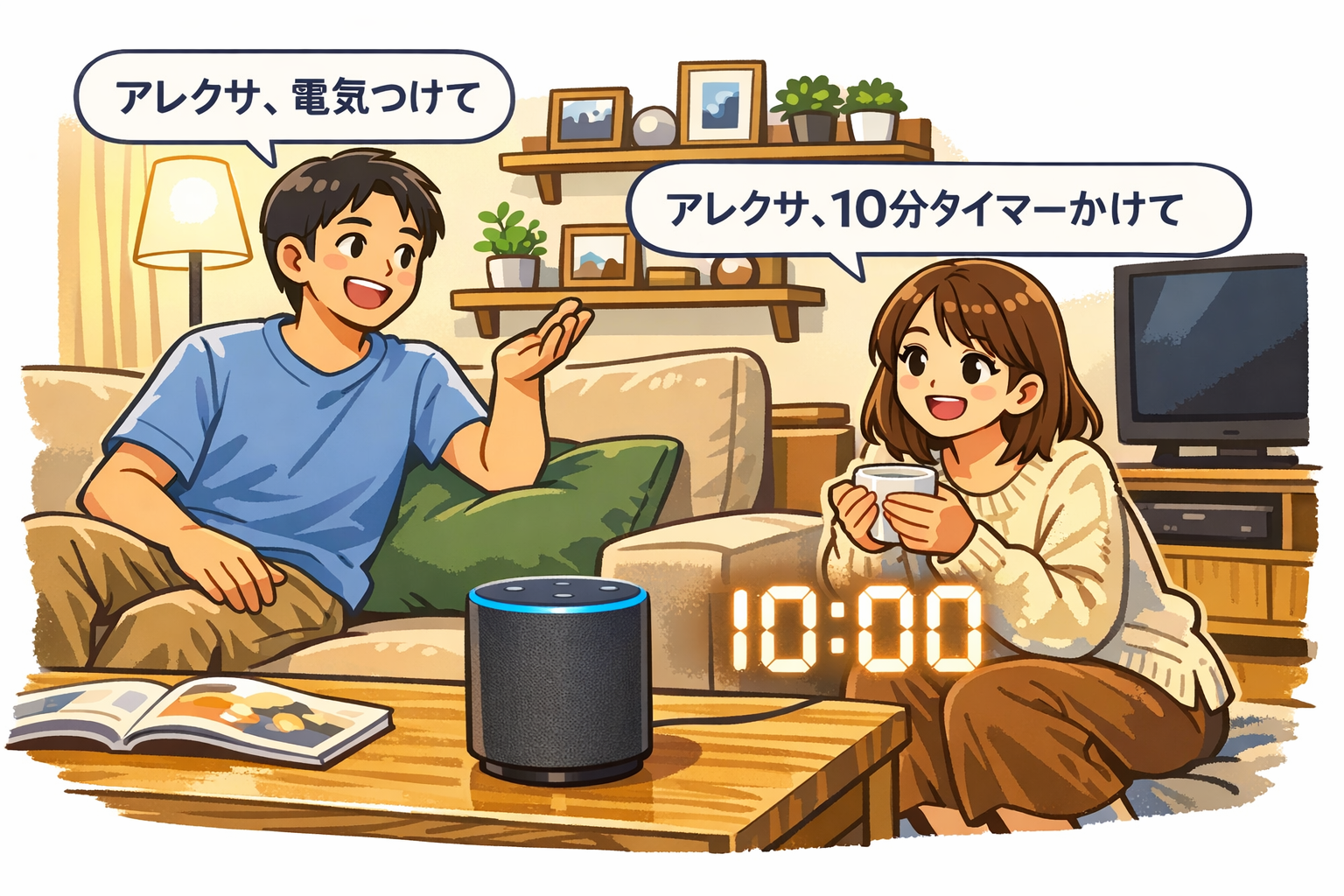 リビングで Alexa に電気とタイマーを声で頼んでいる場面