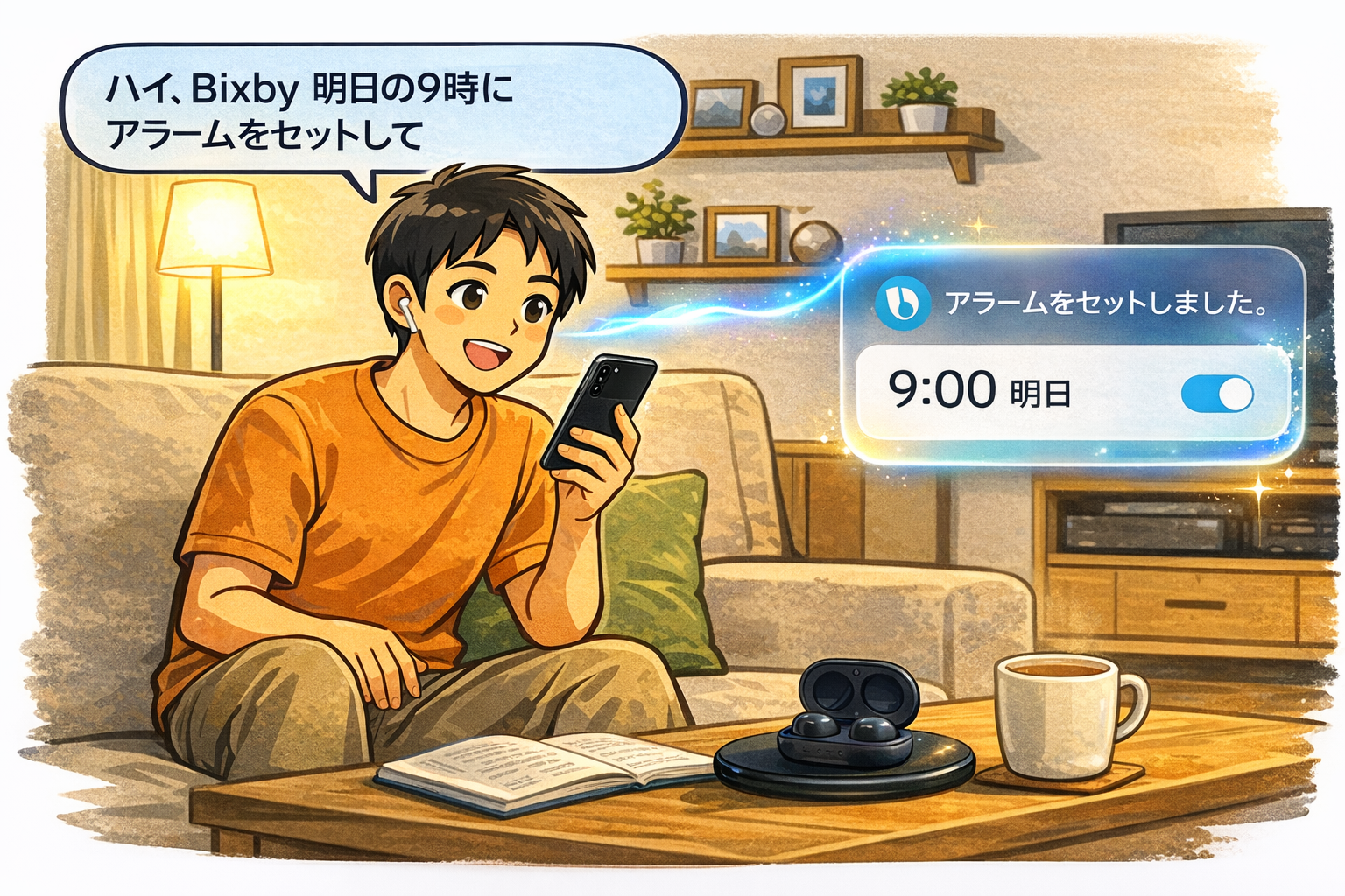 Galaxy 端末で Bixby を使って音声操作している場面