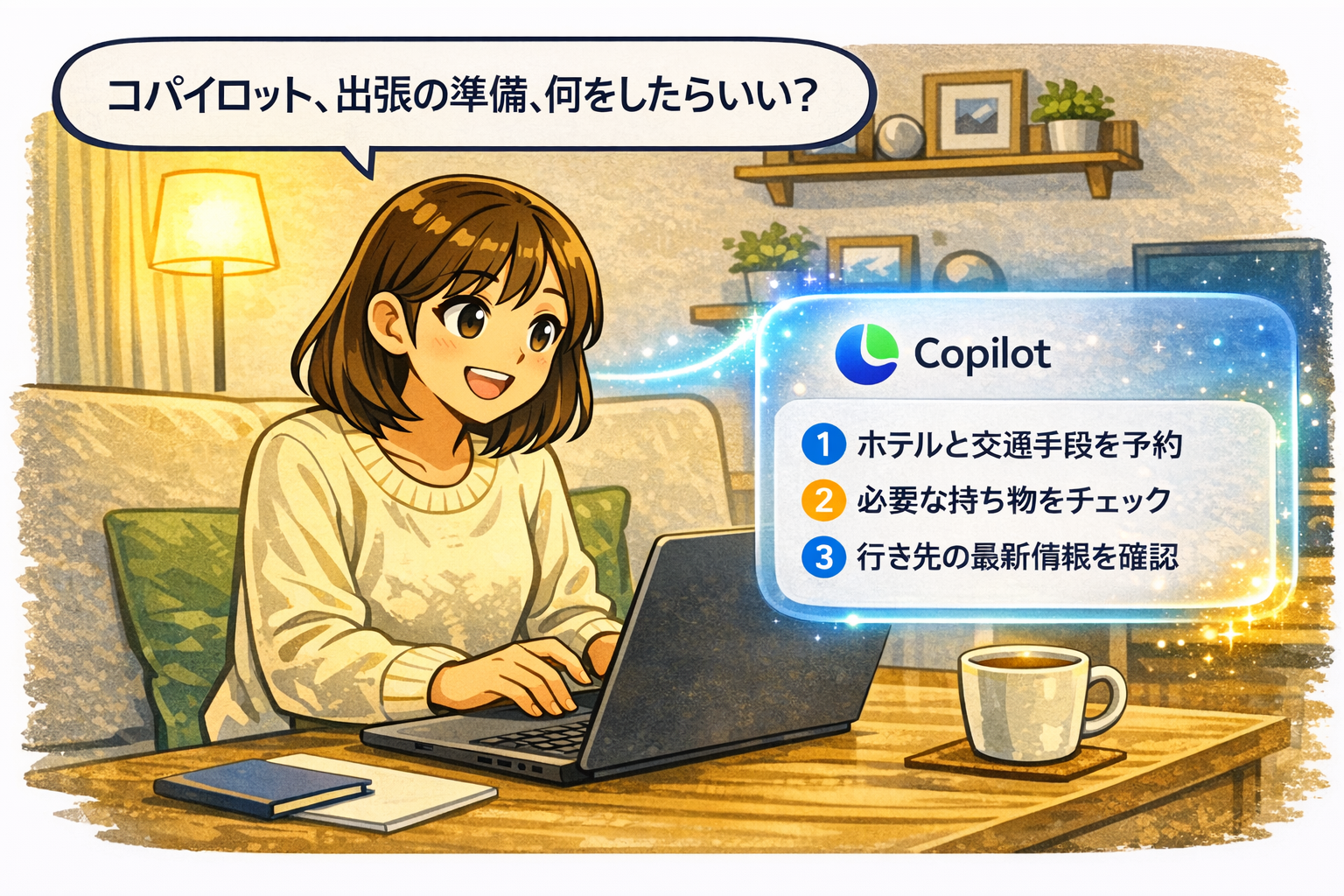 PC で Copilot Voice に仕事や予定の相談をしている場面