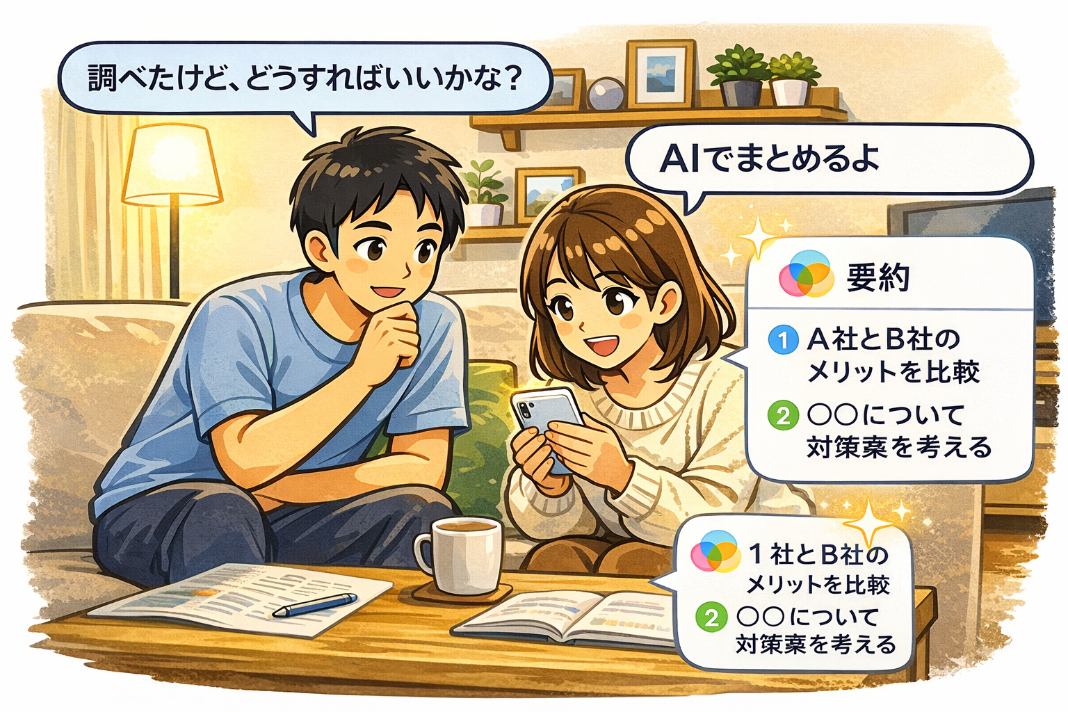 スマホで Gemini に相談しながら要約を進めている場面