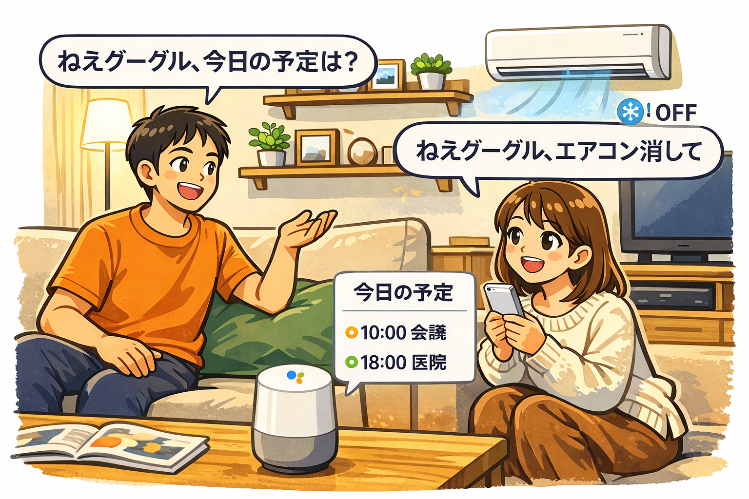 リビングで Google Assistant に予定確認とエアコン操作を声で頼んでいる場面