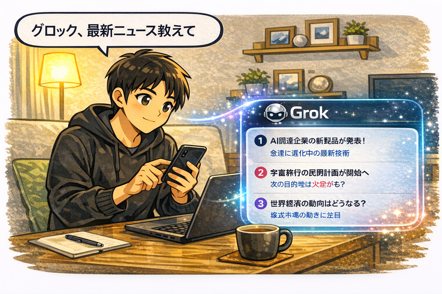 Grok で最新情報や話題を追っている場面