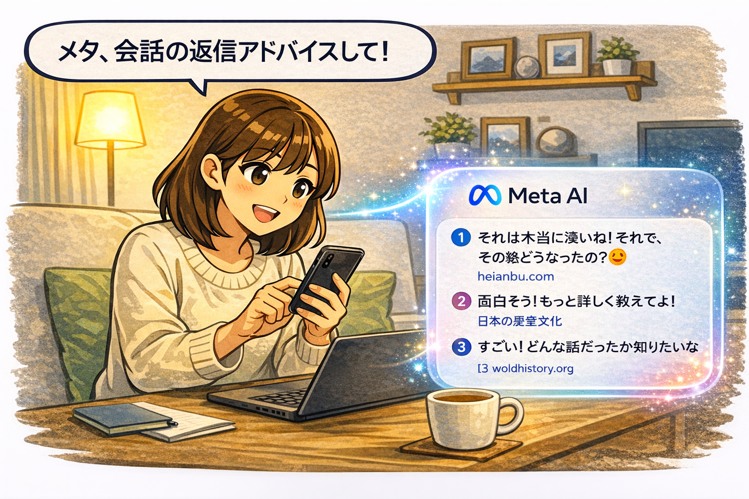 Meta AI で会話の返信アドバイスを受けている場面