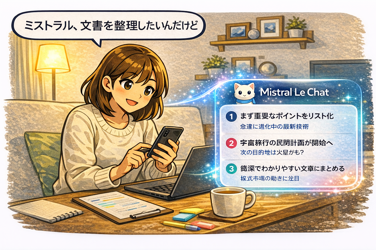 Mistral Le Chat で文書を読みながら内容を整理している場面