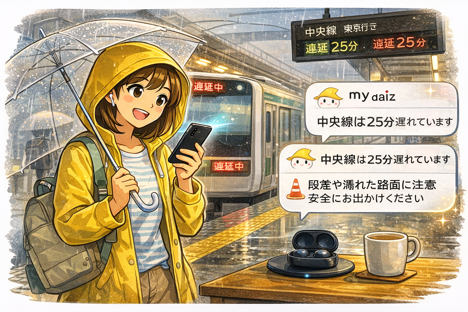 my daiz で天気や電車、外出情報を確認している場面