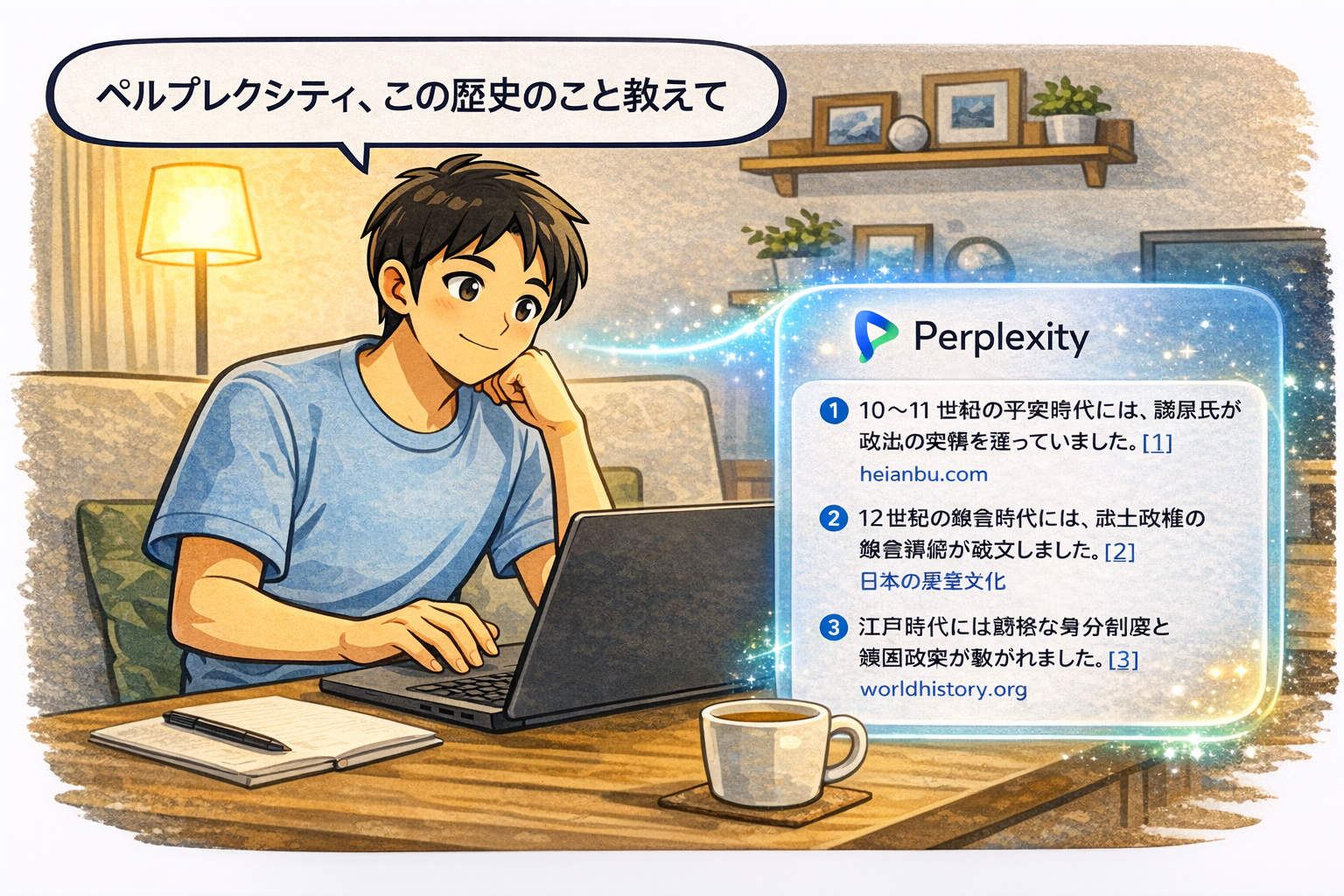 Perplexity で歴史の調べ物をして出典を見ている場面