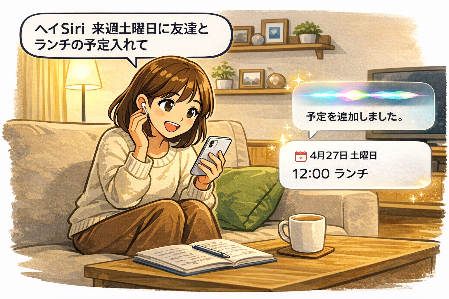 iPhone とイヤホンで Siri に予定確認や連絡を頼んでいる場面